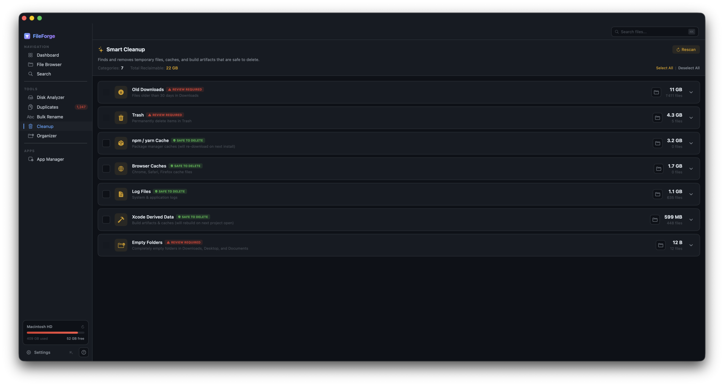 Smart Cleanup categories with safe/review badges