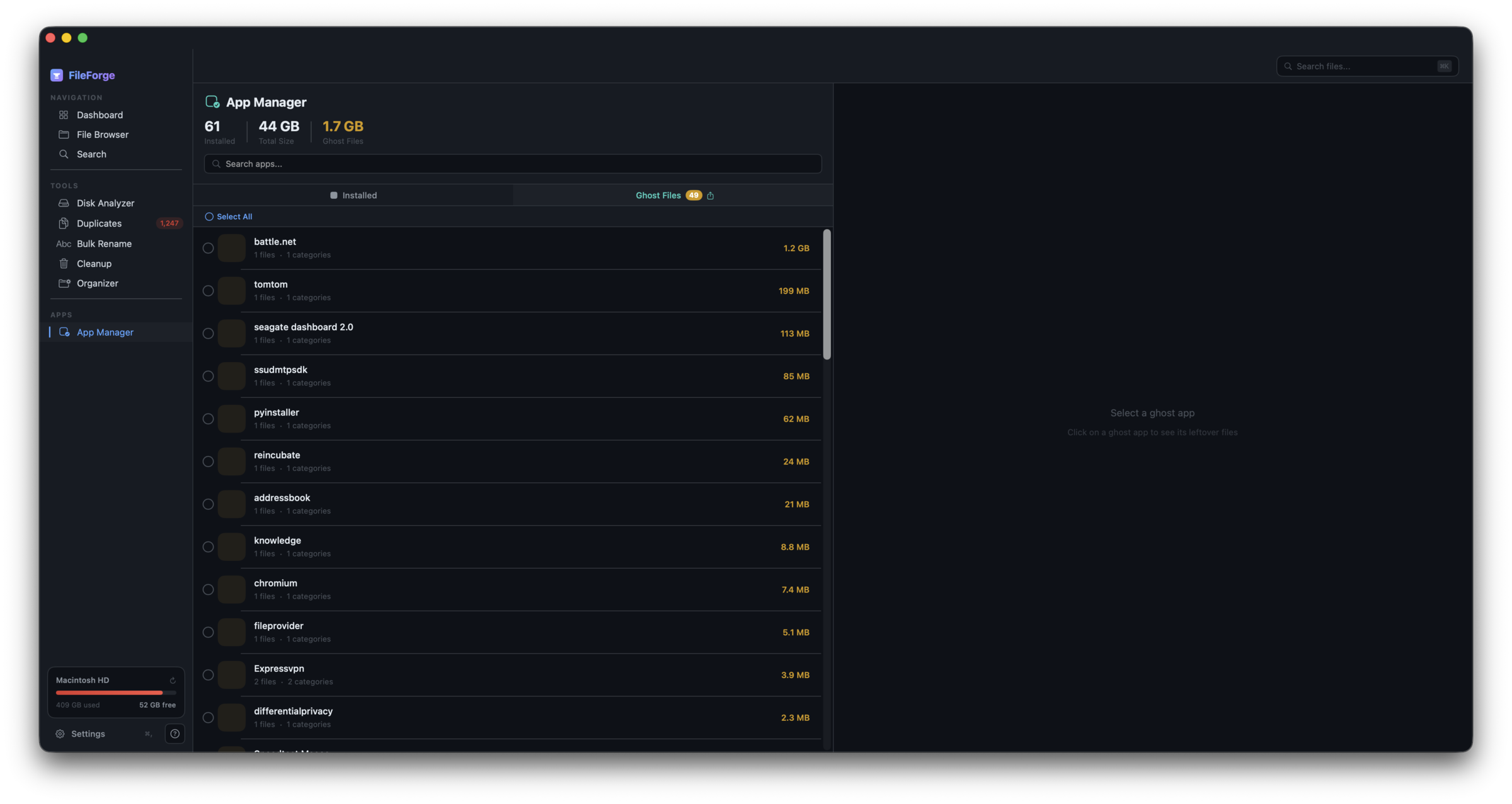Ghost files view with selection checkboxes